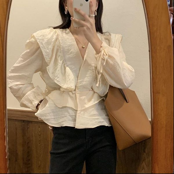 

ladies blouses 2021 new korean ol vintage v neck long sleeve ruffles stitching elegant ladies loose shirt women, White