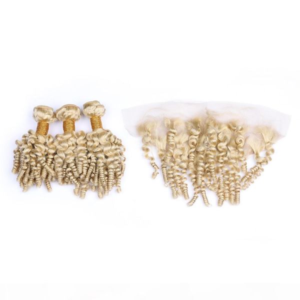 

#613 blonde aunty funmi 3bundles brazilian virgin hair with frontal closure 13x4 romance curly #613 blonde hair weaves with lace frontal, Black;brown