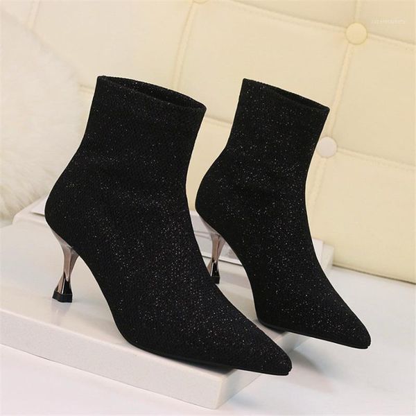 

classic sequined cloth metal heel women's boots autumn pointed toe short boots high heels slip on ankle women black silver1