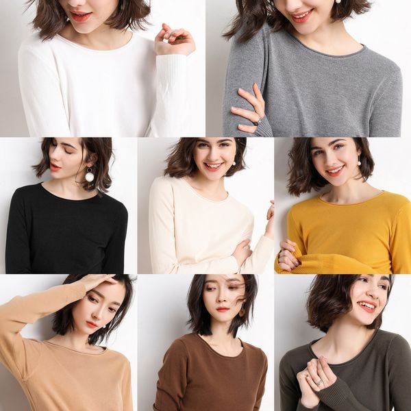 

2019 новый пуловер футболка осень зима crew neck с длинным рукавом футболки женщин свободный свитер вязаный дном пуловер свитер для женщин h, White;black