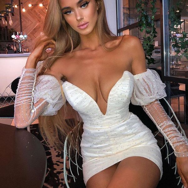 

white mesh sequin long sleeve dress women mini night club party dress backless v neck bodycon summer dress vestido, Black;gray
