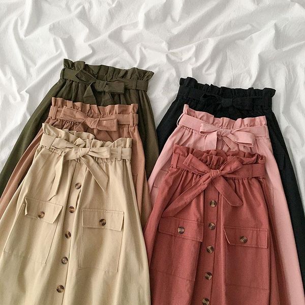 

gaganight elegant women skirt fashion high waist single breasted slim a-line jupe big pockets bow sashes solid flower-bud skirt1, Black