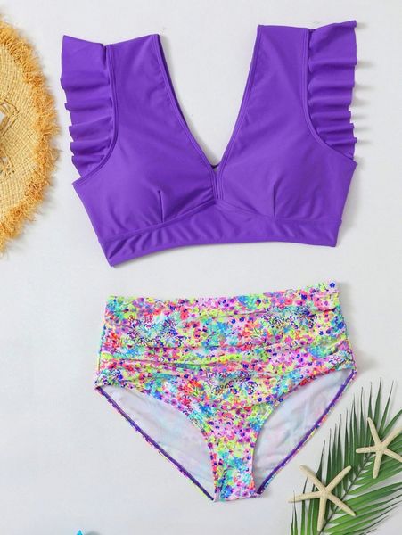 

plus ditsy floral print ruffle trim bikini swimsuit n4dr#, Black