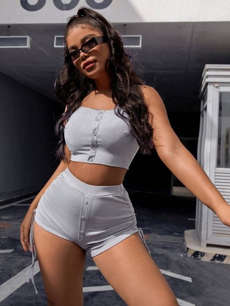 

sxy rib-knit crop cami with drawstring side shorts j0fz#, White