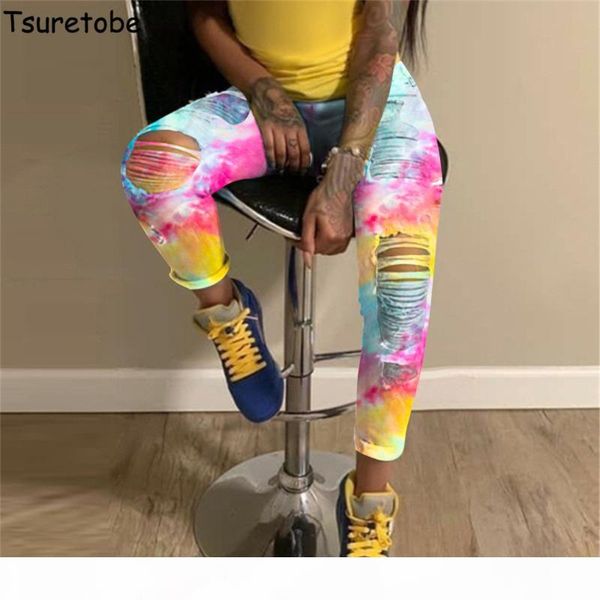 

tsuretobe ripped jeans for women tie dye high waisted jeans fashion clothes for women plus size denim pencil pants trouser, Blue