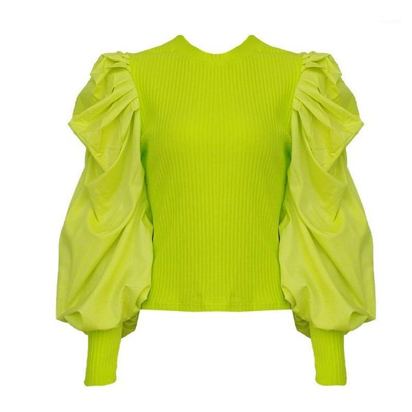 

solid ruched puff sleeve patchwork women's knitted shirts long sleeve o-neck pullover sweater green black white, White;black