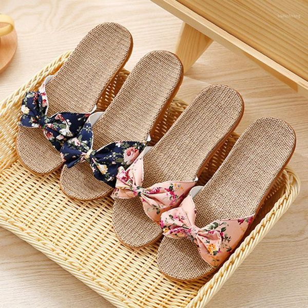 

2020 new slippers ladies fashion bowknot linen beach shoes sandals casual women non-slip flat shoes1, Black