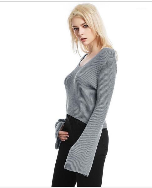 

loose women flare sleeve pullover sweater thin v-neck short sweater casual knitted soft autumn winter pullover knitwear1, White;black