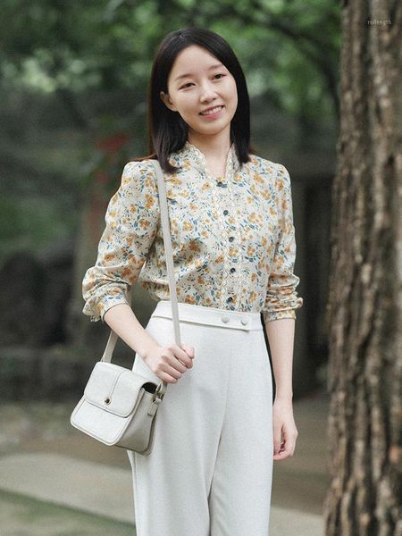 

cynthia women cotton blouse female vintage mandarin collar lace hem long sleeve floral-printed autumn skirts 20qda-0861, White