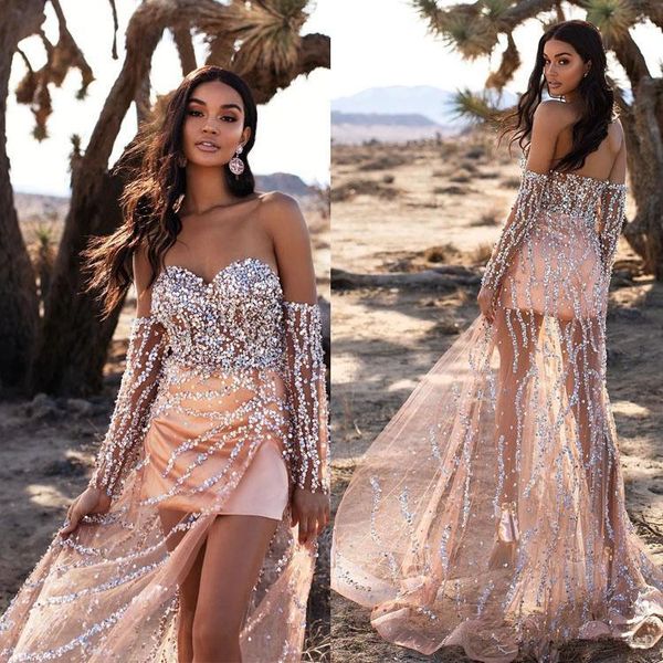 

2021 champagne gold evening dresses long sleeves sparkly silver sequins high split sweetheart neckline vestido sweep train prom party gown, Black;red