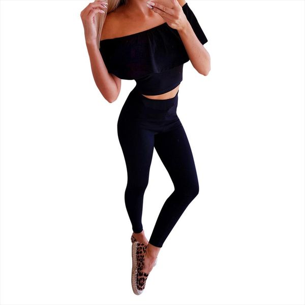 

jaycosin 2019 new summer women suit solid shoulder baring ruffles crop ankle length pant slim sports beach suit 9042913, Gray