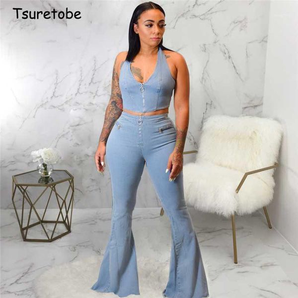 

tsuretobe denim two piece set zipper women spaghetti strap crop and high waist flare pants set sleeveless outfits backless1, White