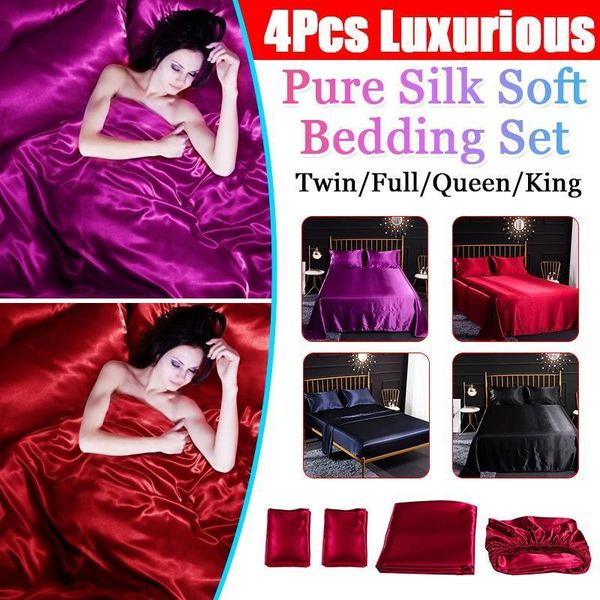 

bedding sets 4pcs/set romantic soft silk satin set home textile bed flat sheet fitted pillowcase twin/full//king size1