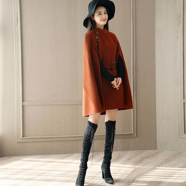 

2021 new for woman spring fashion thin sash wool loose coat black ponchos 9i6t