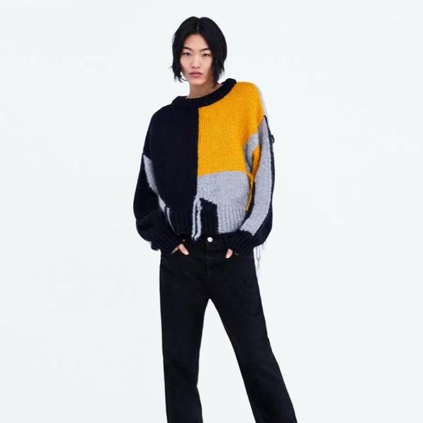 

autumn winter sweater women fashion fringed contrast knit sweaters round neck long sleeve patchwork pullover 2019 new1, White;black