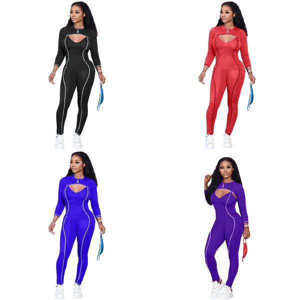 

chest hollow out skinny romper womens long sleeve bodycone pants jumpsuit with cropped coat jacket tracksuits tight bodysuit g11403, White