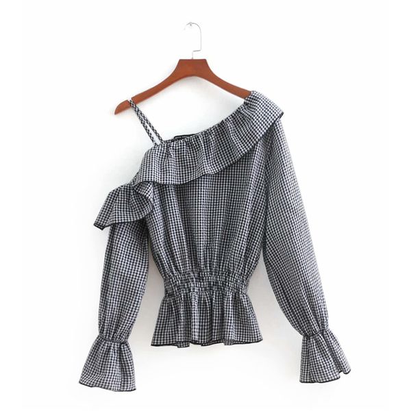 

2021 new elegant women sweet grey plaid shirts fashion ladies asymmetric skew collar shirt streetwear female ruffles blouses dqf1, White