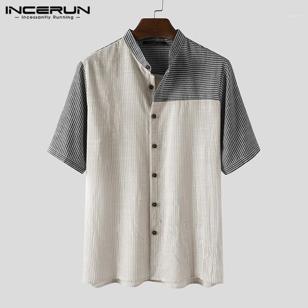 

men striped patchwork shirt cotton stand collar short sleeve streetwear basic shirts 2020 casual brand camisas harajuku incerun1, White;black
