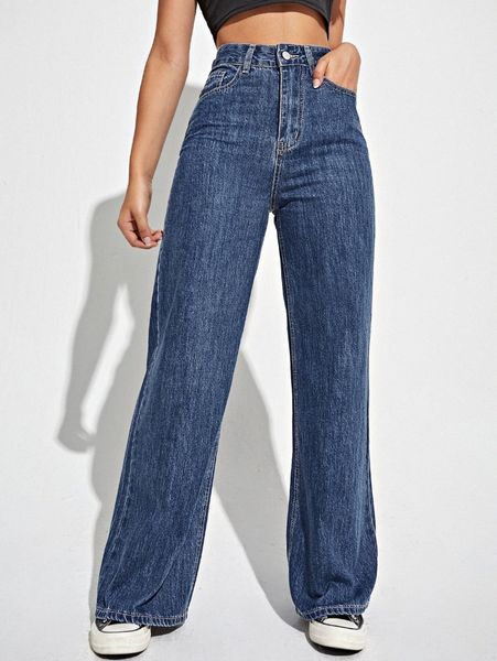 

high waist slant pocket wide leg jeans 58sp#, Blue