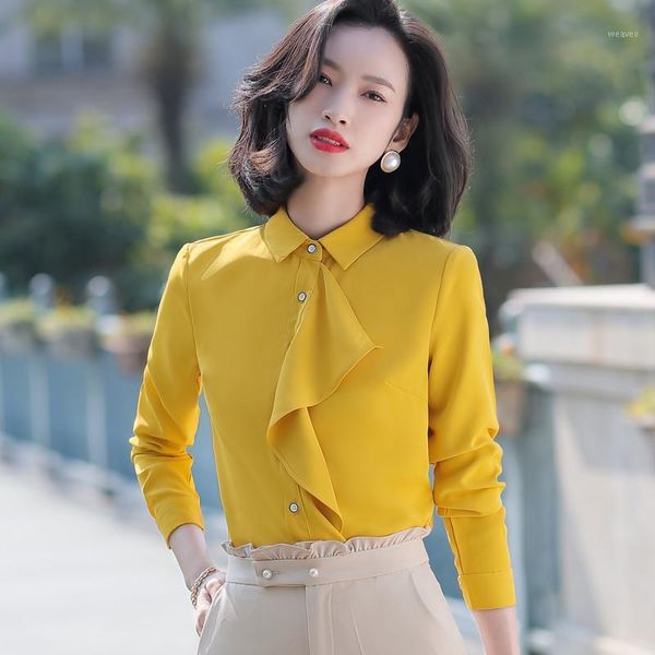 

yellow chiffon shirt women new 2020 spring formal long sleeve ruffles blouses office shirt uniform1, White