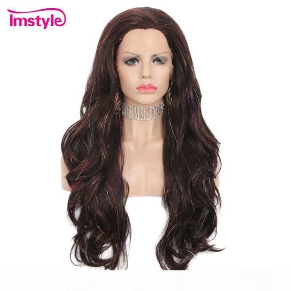 

imstyle tinsel wig brown synthetic lace front wig for women colorful sparkle shiny tinsel rainbow silk wigs for party, Black