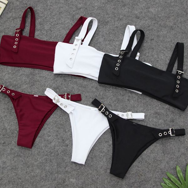 

2019 bandage bikinis women's two piece solid split bikini beachwear off shoulder swimsuit, White;black