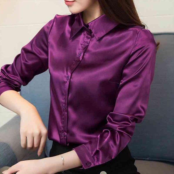 

satin silk shirt women autumn long sleeve elegant work wear korean fashion purple green blue blouse shirt, White