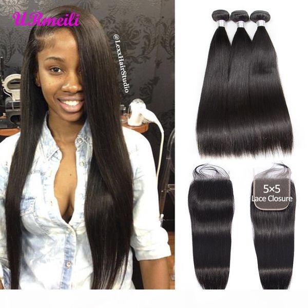 

indian viagin hair 5x5 closure with bundles raw indian straight hair bundles with lace closure remy human hair 3 4 bundles with closure, Black;brown