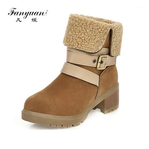 

fanyuan size 34-46 new snow winter boots belt buckle chunky heels shoes woman casual winter warm ankle boots women 2 ways1, Black