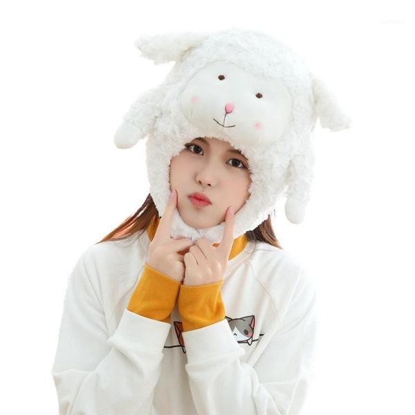 

cartoon white sheep plush hat animal ears fuzzy stuffed toy headgear warm cap a0nf1, Blue;gray