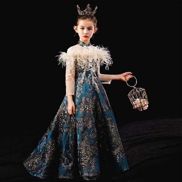 

girl's dresses 5-12 year children party princess dress girls model show charming evening piano costume wedding tail peacock feather, Red;yellow