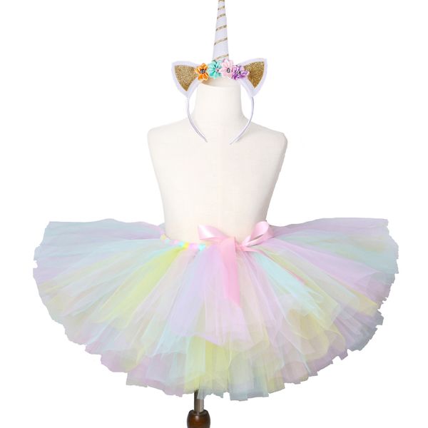 

1 set pastel rainbow unicorn tutu skirt baby kids dance tutu birthday party tulle skirt girls children halloween unicorn costume y200704