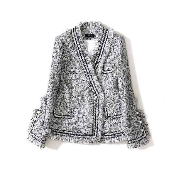 

handmade luxury blazer suits for women fashion lattice tweed tassel pearl button v neck short blazers coat grey, White;black