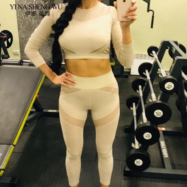 

yoga outfits hollow out seamless set sport women two 2 piece crop long sleeves leggings workout gym suit fitness sets, White;red