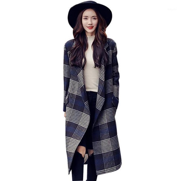 

new autumn winter large size wool blends women jacket coat fashion plaid long windbreaker female casual loose woolen outerwear1, Black