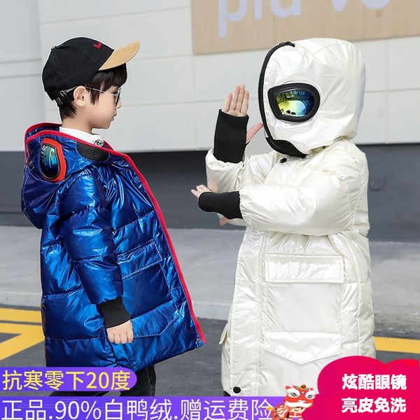 

white duck down jacket, big children's new autumn / winter 2020 boys' fashion of medium and long style spider man coat, Blue;gray