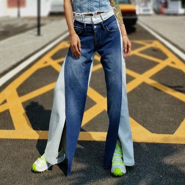 

casual hit color front jeans for women high waist pocket patchwork denim pants female 2020 autumn fashion new1, Blue