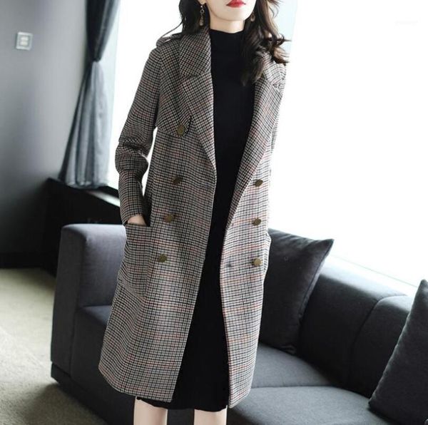 

high-quality women's longsection woolen coat autumn winter double-breasted lapel solid small plaid woolen coat casaco fefinina1, Black
