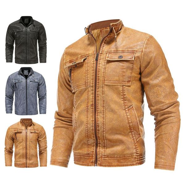 

winter leather jacket men windbreaker fleece warm vintage pu leather coat male stand collar multi-pocket jackets chaqueta hombre, Black