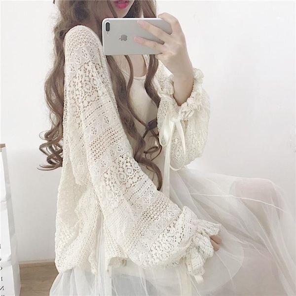 

summer women lantern sleeve shirt mori girl sweet bow lacing hollow out lace cardigan blouse lolita princess sunscreen shirt top, White