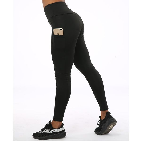 

high waist polyester leggings women pocket slim fit ankle-length pants breathable elasticity fitness female legging drop shipping, Black