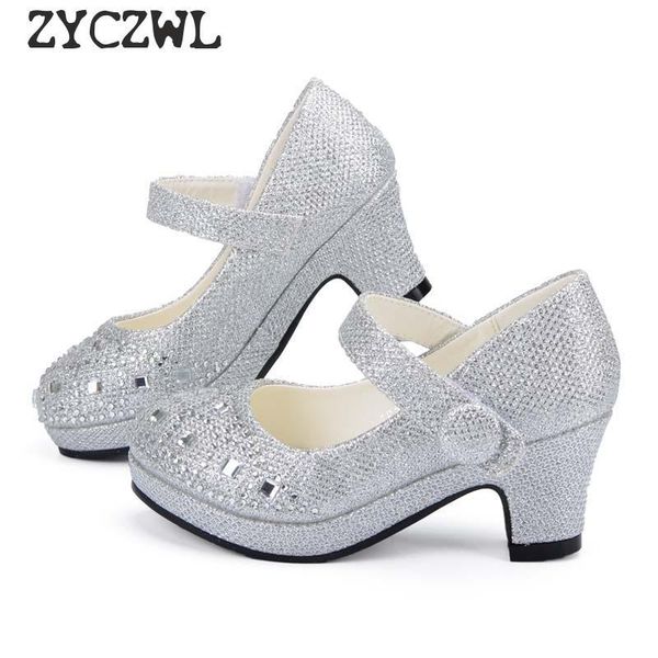 

children princess for girls sandals high heel glitter shiny rhinestone enfants fille female party dress shoes, Black