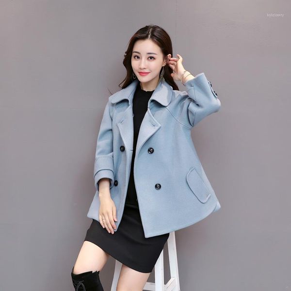 

office lady cloak womens short coats 2018 winter turn-down collar wool blend coat and jacket pockets solid ladies coats r151, Black