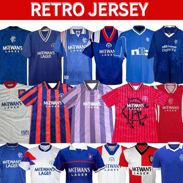 

glasgow rangers 87 90 92 94 96 97 99 01 retro soccer jerseys blue away white gascoigne laudrup soccer shirts mccoist football kits uniforms, White;black