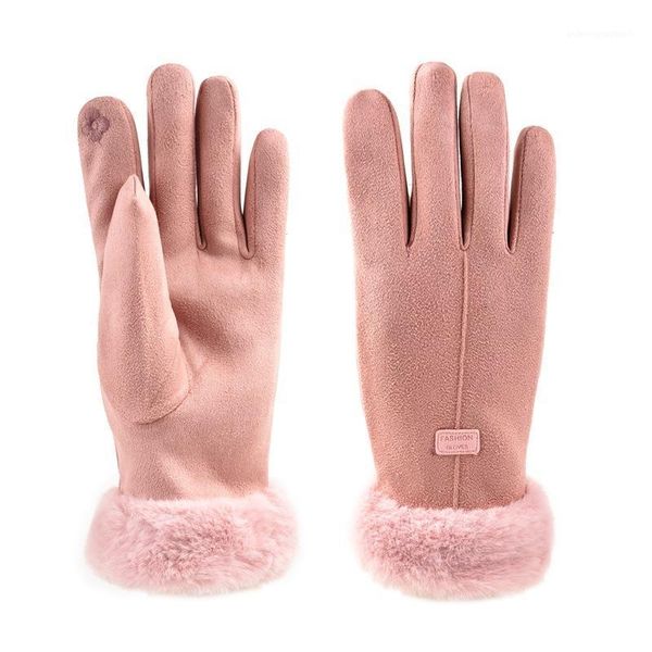 Fünf Finger Handschuhe Frauen Winter Touchscreen Faux Pelz Fäustlinge Damen Mädchen Outdoor Wärme Voll Finger Gefüttert Radfahren Fahren Handschuh1