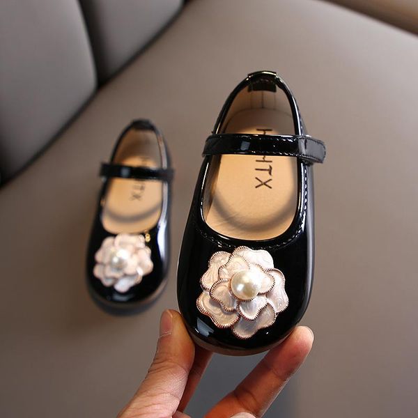 

flat shoes girls leather autumn children princess pearl flower student party non-slip black shs051, Black;grey