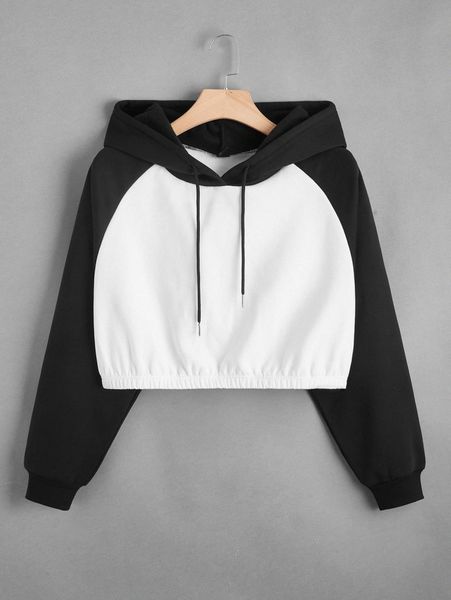 

plus two tone raglan sleeve drawstring thermal hoodie o9wt#, Black
