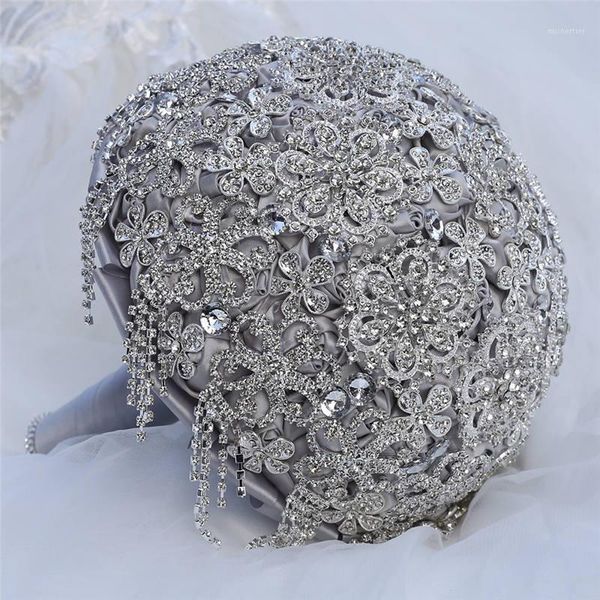 

decorative flowers & wreaths luxury diamond bridal bouquets silver rhinestone crystal wedding satin artificial bouquet mariage w22121