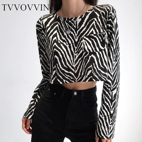 

tvvovvin fashion 2020 new women pocket front zebra striped cropped t-shirt full sleeve bx6o1, White