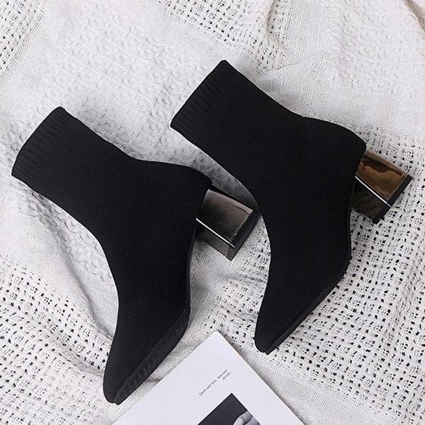 

2020 women 5.5cm high heels stretch plush ankle boots boots fetish square block metal low heels autumn chunky goth shoes #zm5l, Black